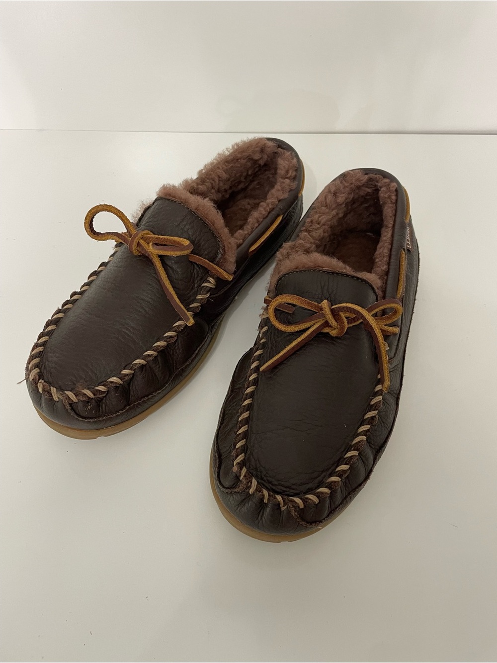 LL Bean Wicked Good Leather Moccasin Slippers Brown Cabincore Gorpcore Winter